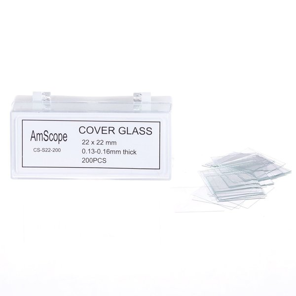 Amscope 200pc Pre-Cleaned 22mm x 22mm Square Microscope Glass Cover Slides Coverslips CS-S22-200